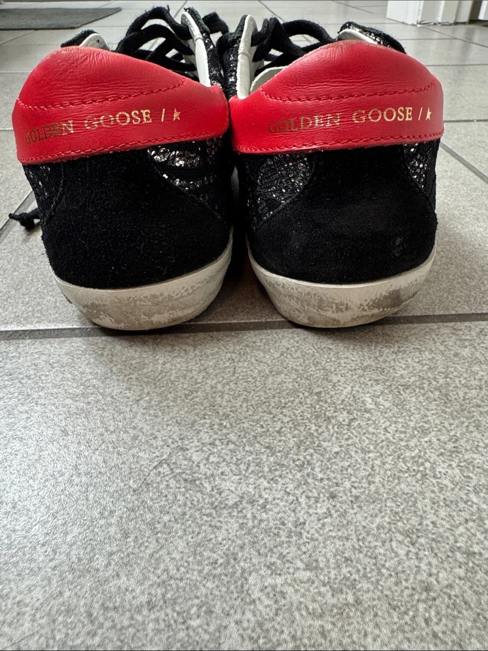 Golden Goose Black Lace Star Sneakers with Red Heal
